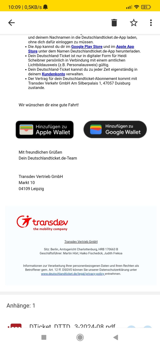 Abobestätigung mit Link zur Wallet