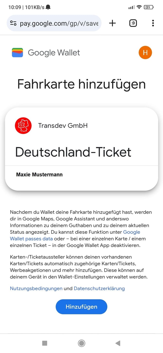 Hinzufügen des Deutschlandtickets in die Wallet