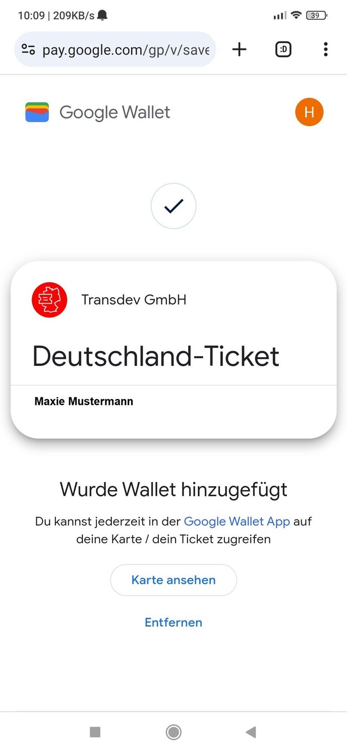 in der Wallet abgelegtes Deutschlandticket
