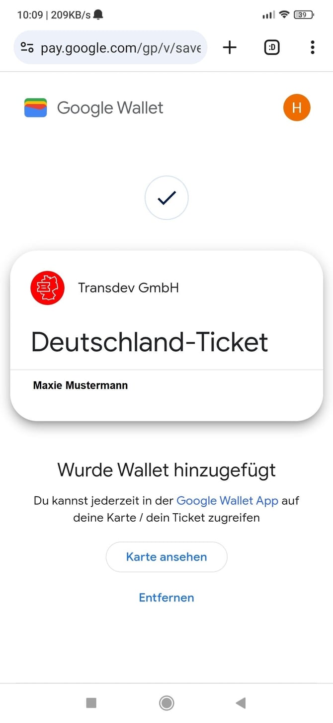 in der Wallet abgelegtes Deutschlandticket